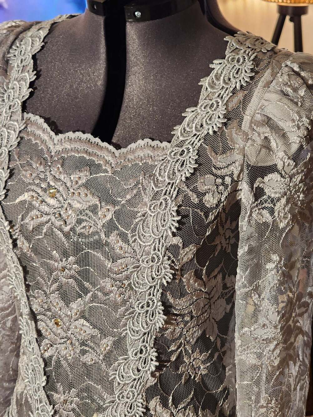 Vintage 80s Silver Blue Lace Long Sleeve Dropped Waist Formal Gown with Pearls